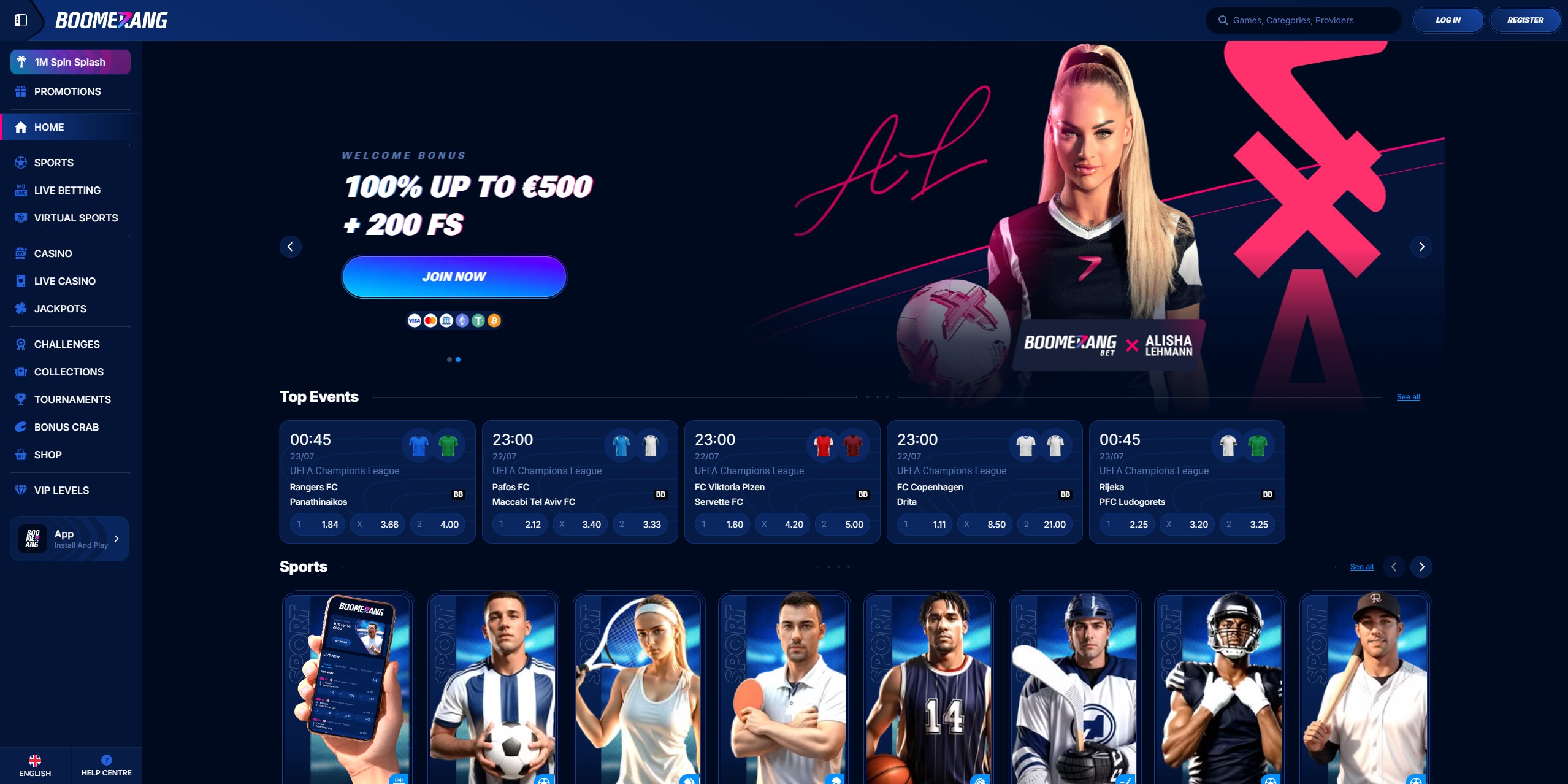 Boomerang Casino aðalviðmót