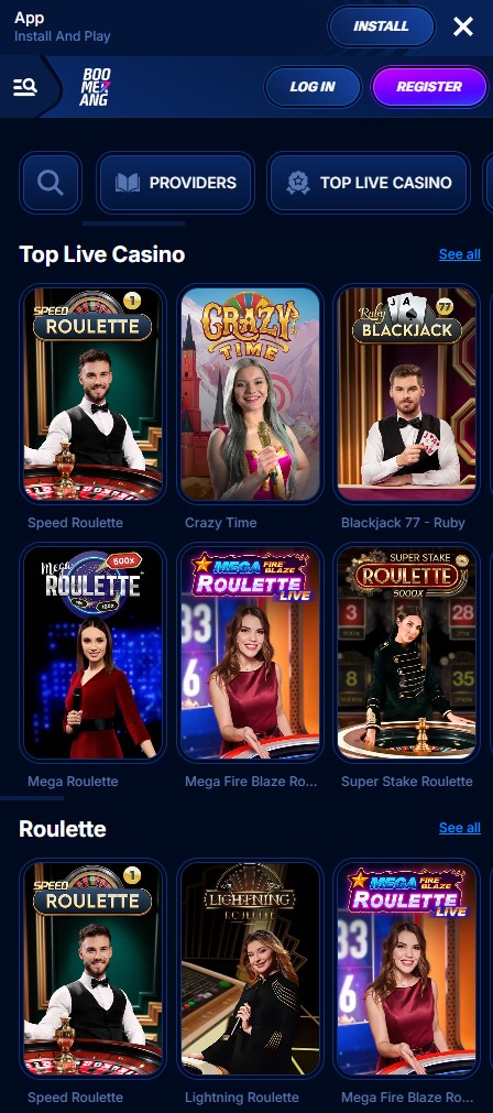 Lifandi spilavíti Boomerang Casino á síma